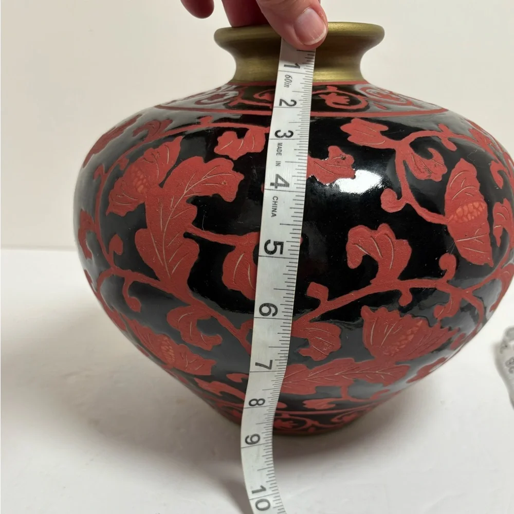 Vintage Hand Enameled Black on Red Floral Porcelain Round Decorarive Vase